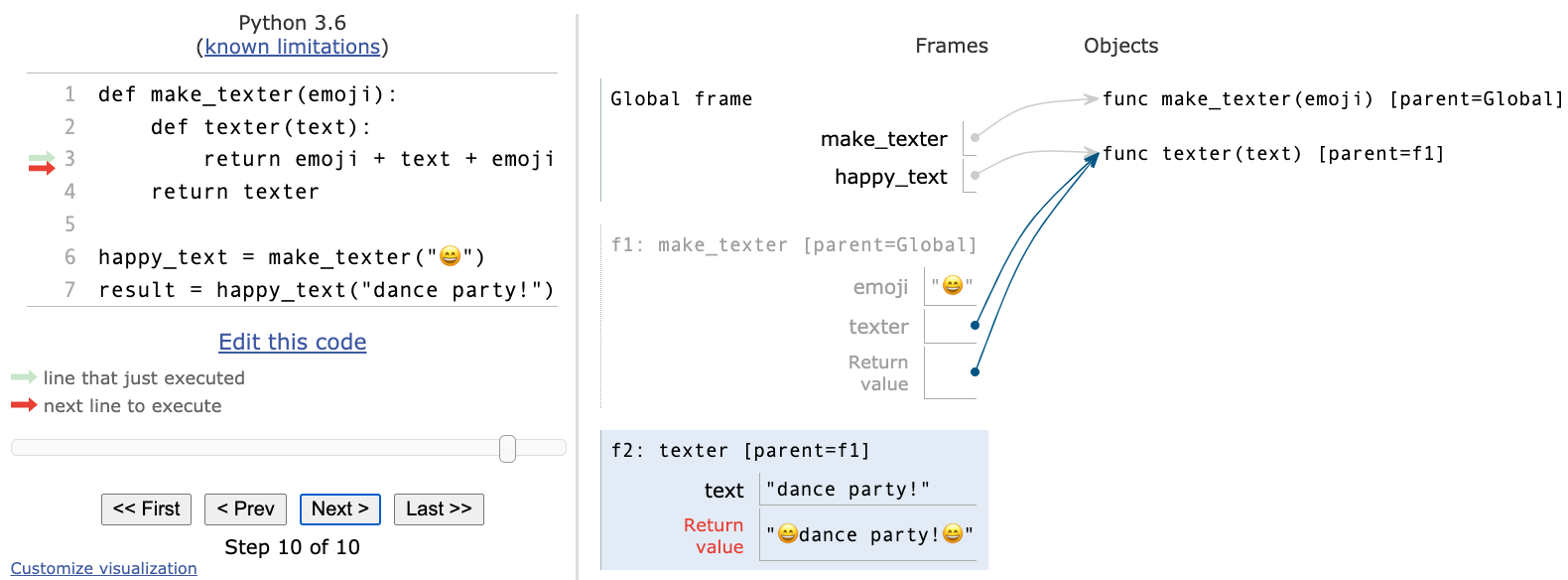 Screenshot of make_texter in PythonTutor