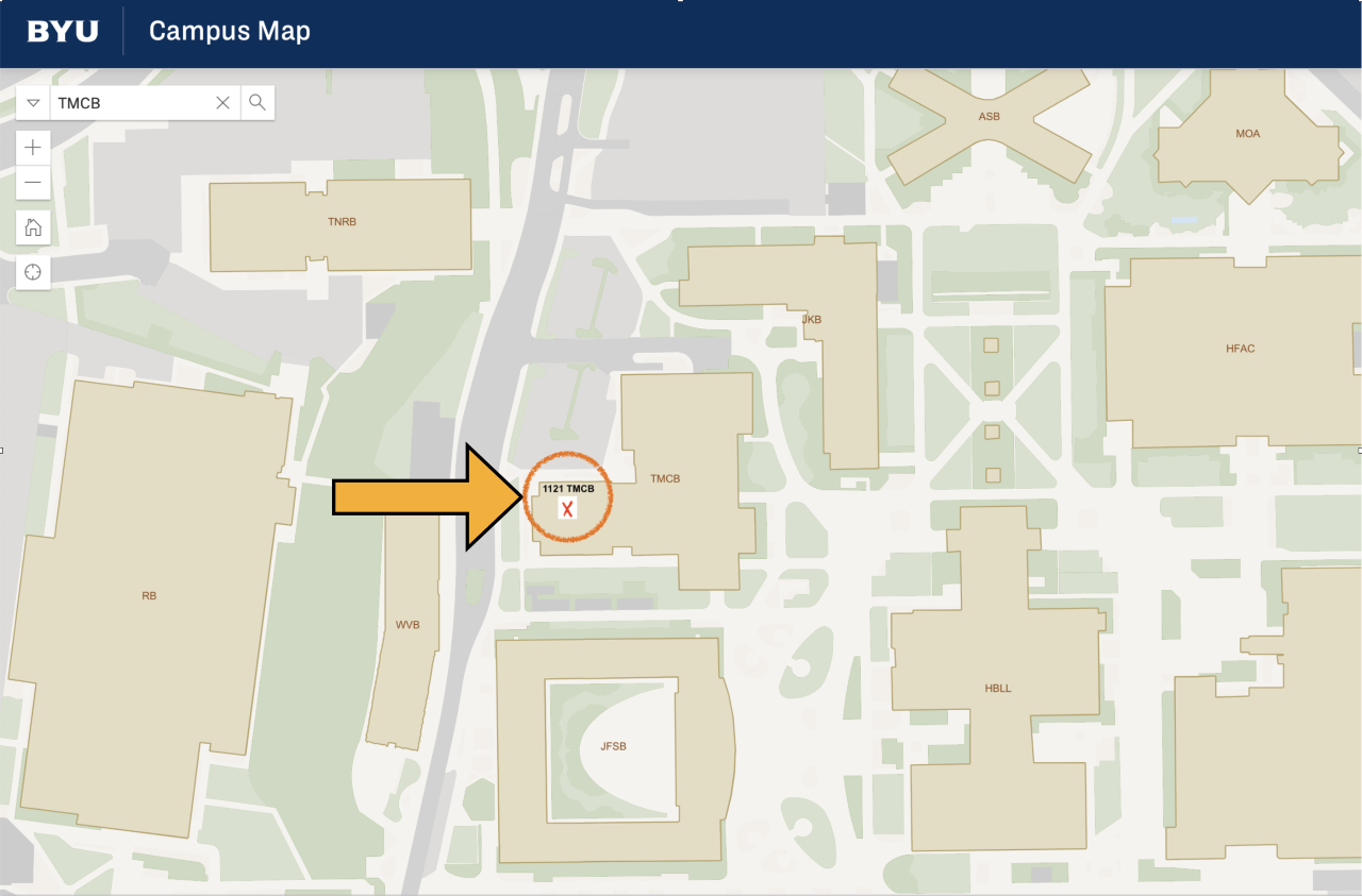 BYU Campus Map showing the location of TMCB.